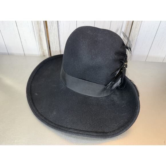 Vintage Geo W. Bollman Black Felt Ladies Hat w/ Feathers Doeskin 100% Wool USA